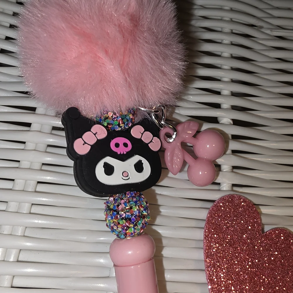 Pink and Black Sanrio Kuromi Pen With Pom Pom And Dangling Cherry Charm